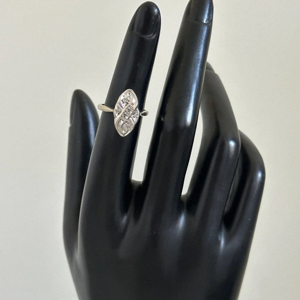 14K Solid White Gold Vintage Antique Deco Style Diamonds Band Ring Size 4.75